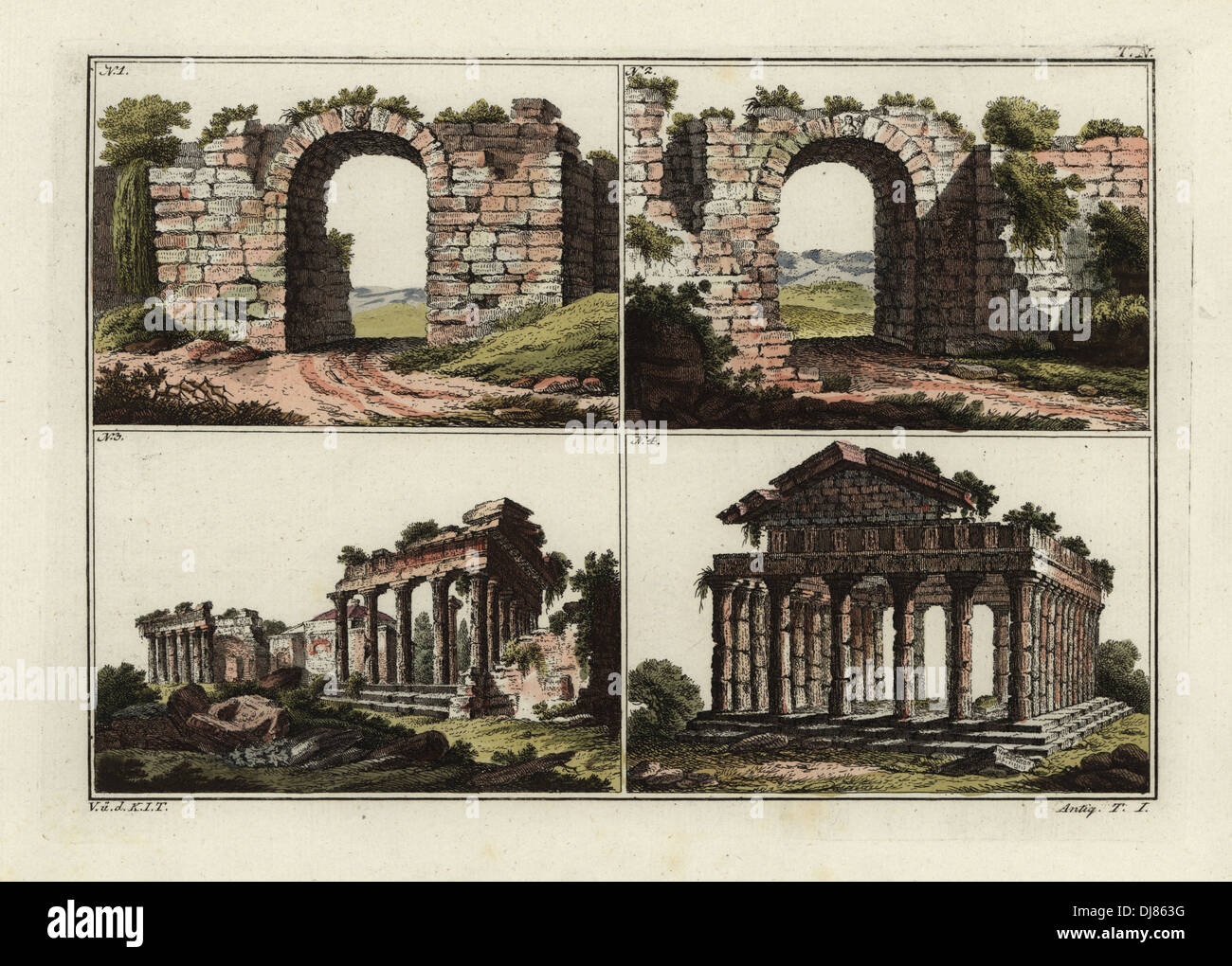 Paestum gate (anteriore e posteriore, 1, 2), il tempio della dea Minerva ad Atene (3), il tempio di Paestum (4). Foto Stock