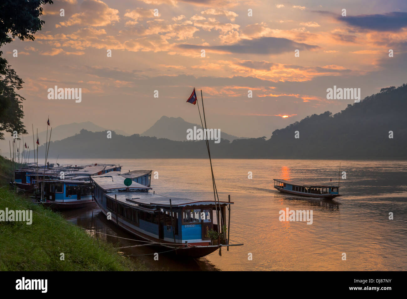Tramonto sul fiume Mekong a Luang Prabang, Laos Foto Stock