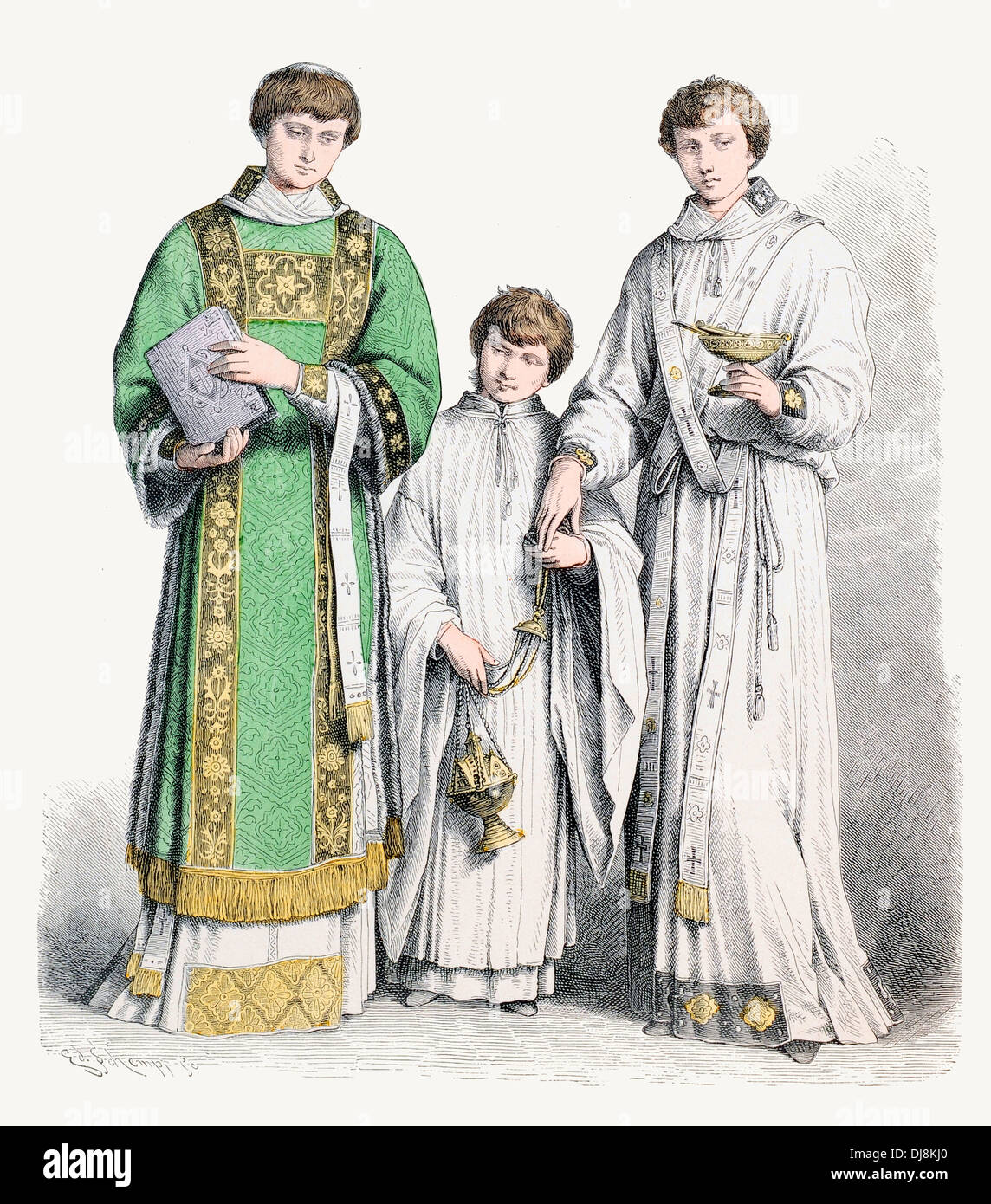 Xvi XVI XVII secolo XVII italiano costumi ecclesiastici diacono suddiacono e Alter coro boy in bianche vesti Foto Stock