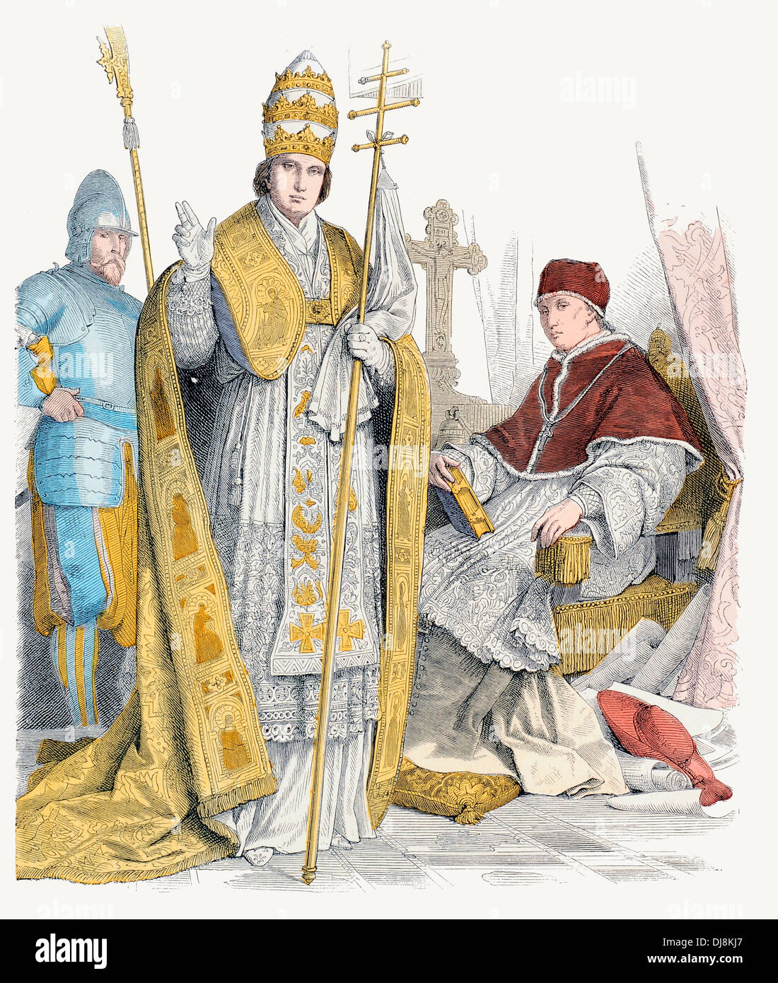 Xvi XVI XVII secolo XVII italiano costumi ecclesiastici della Guardia Svizzera, Papa nel Pontificio paramenti e abito a casa Foto Stock