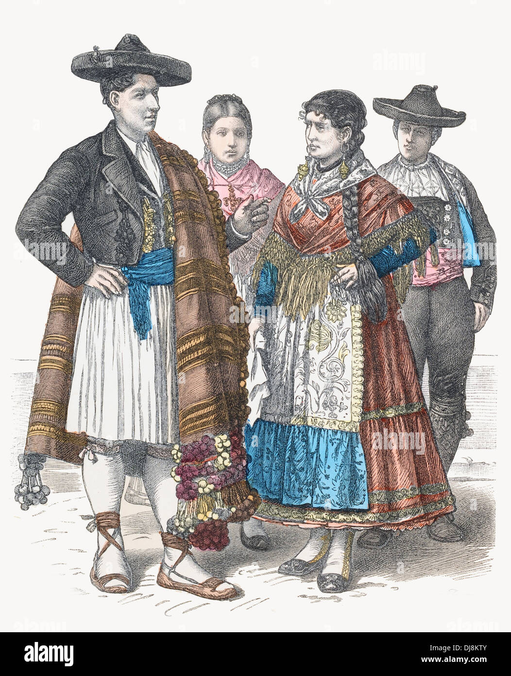 Xix secolo XIX la Spagna vestiti tradizionali di Alicante e Zamora Foto Stock