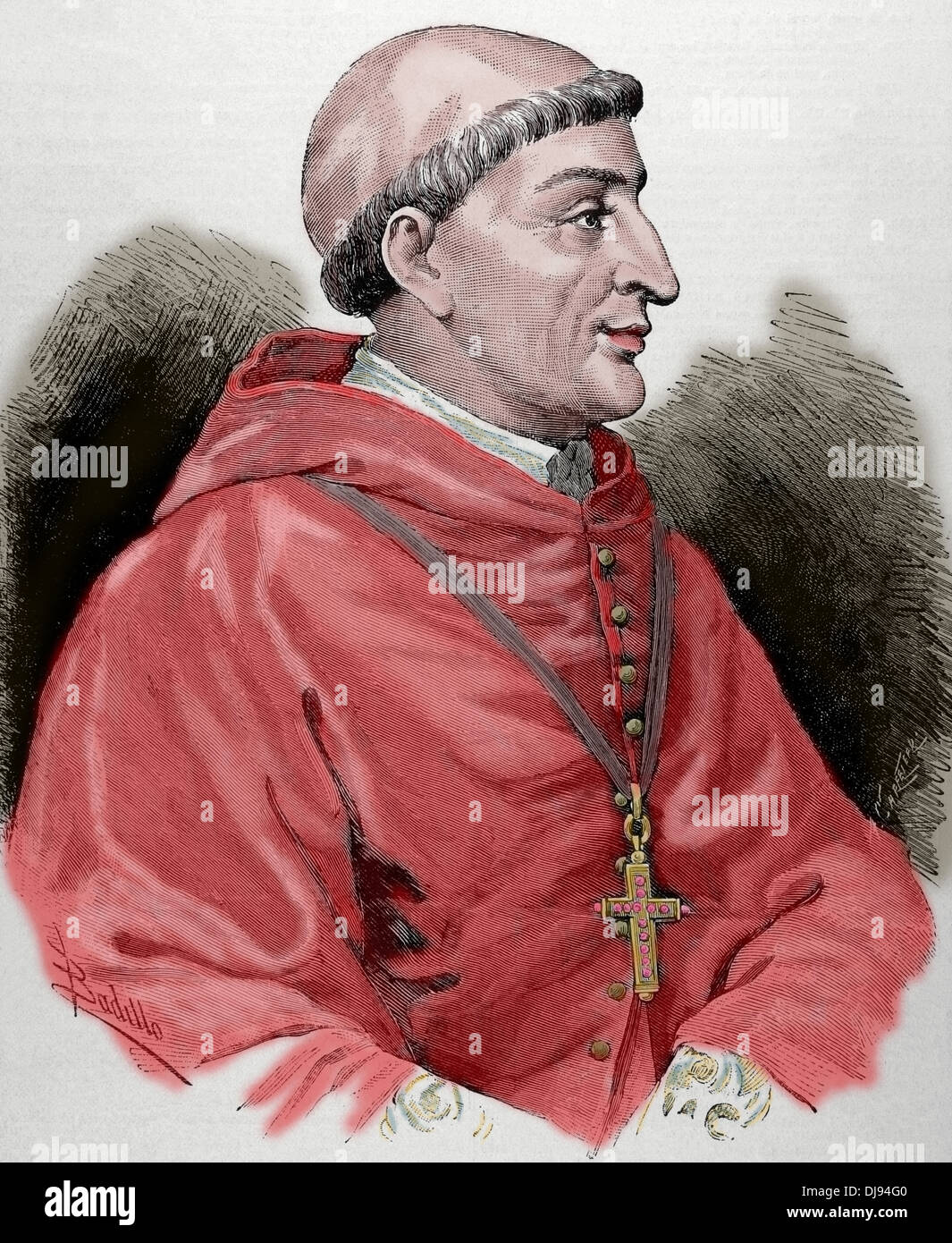 Francisco Jimenez di Cisneros (1436-1517). Cardinale spagnolo e più. Incisione di Carretero. Colorati. Foto Stock