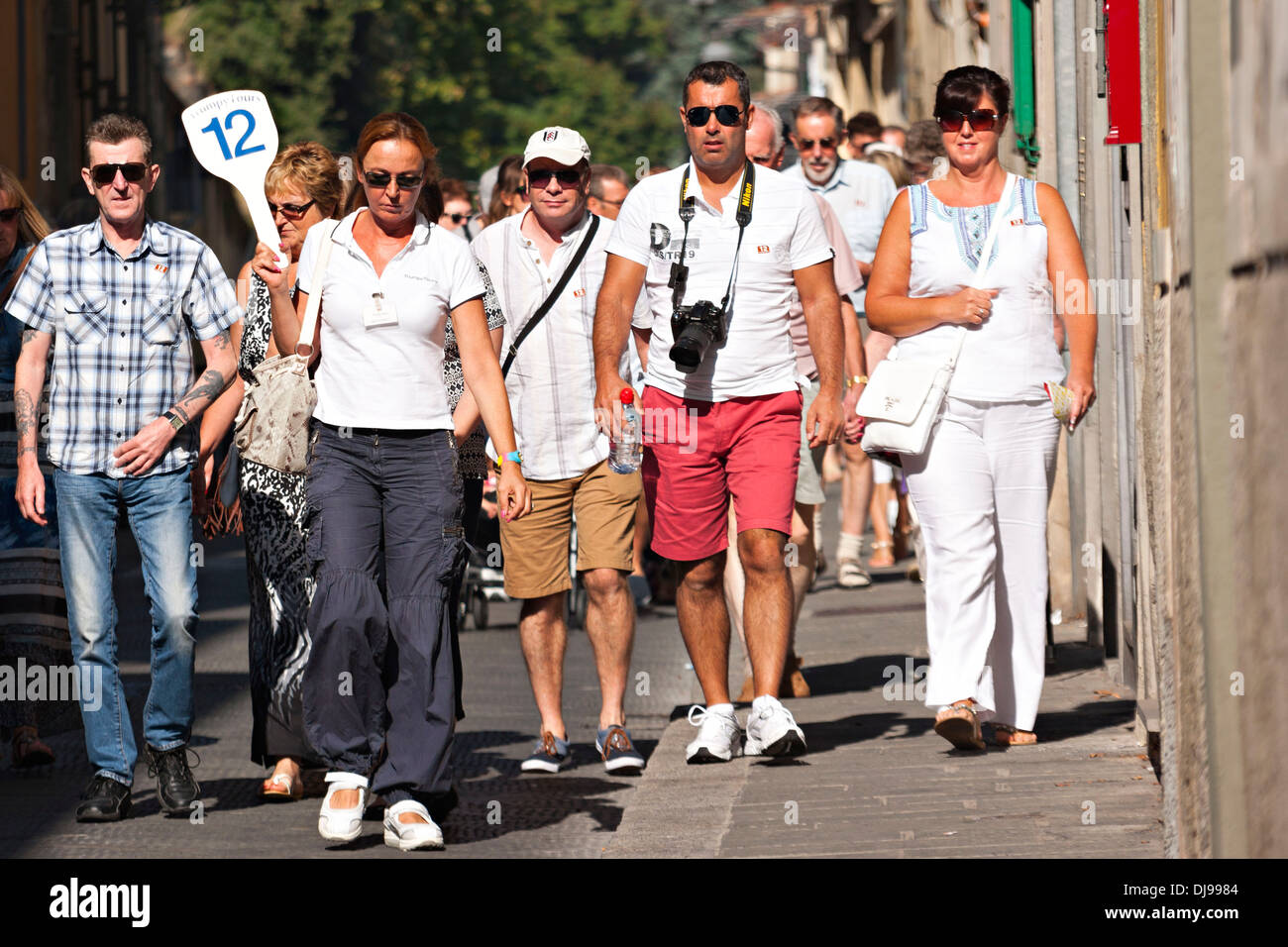 Gruppo turistico con guida femmina tenendo una paletta con il numero 12, Firenze, Italia Foto Stock