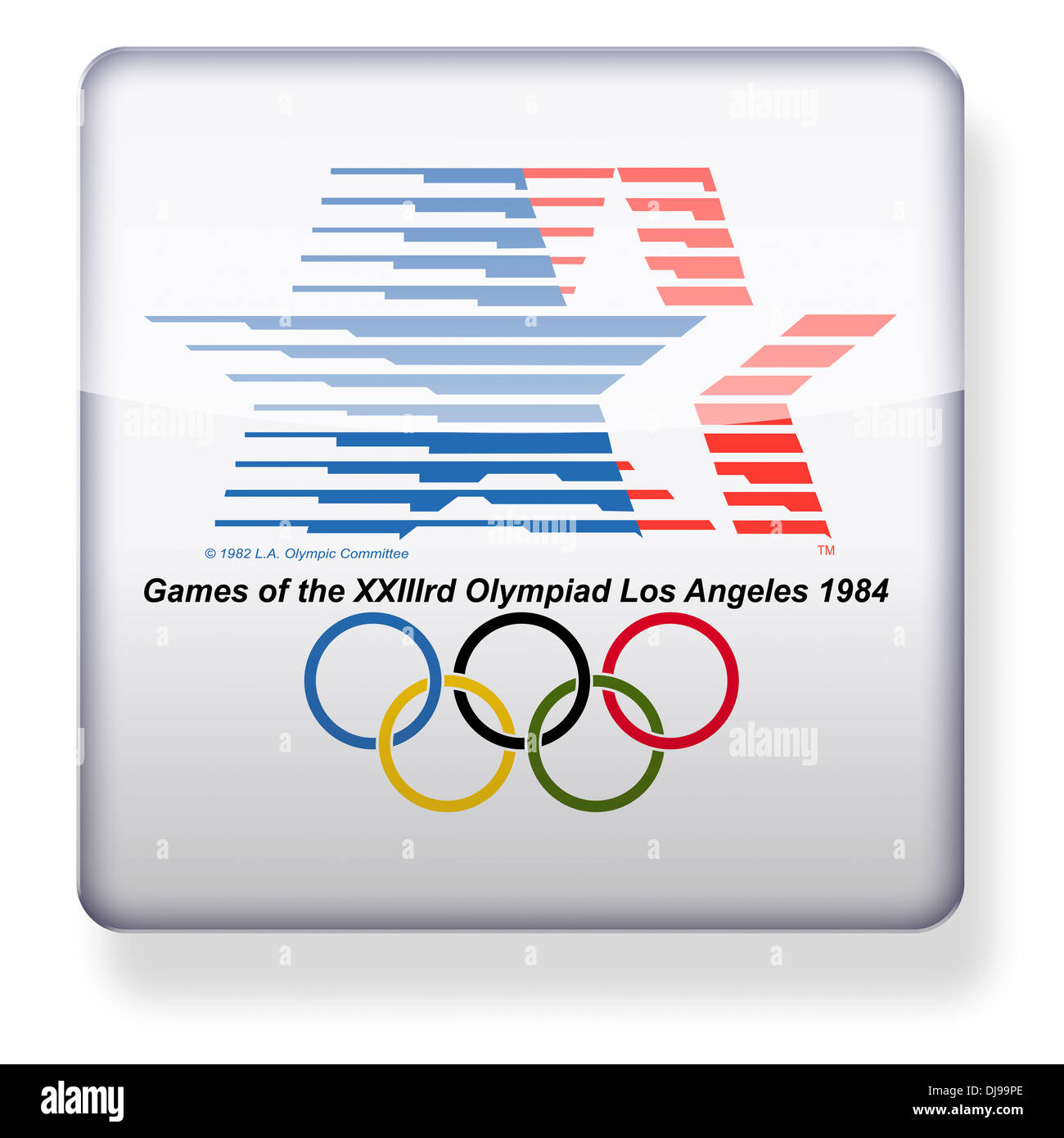 Los Angeles 1984 Olympics logo come l'icona di un'app. Percorso di clipping incluso. Foto Stock