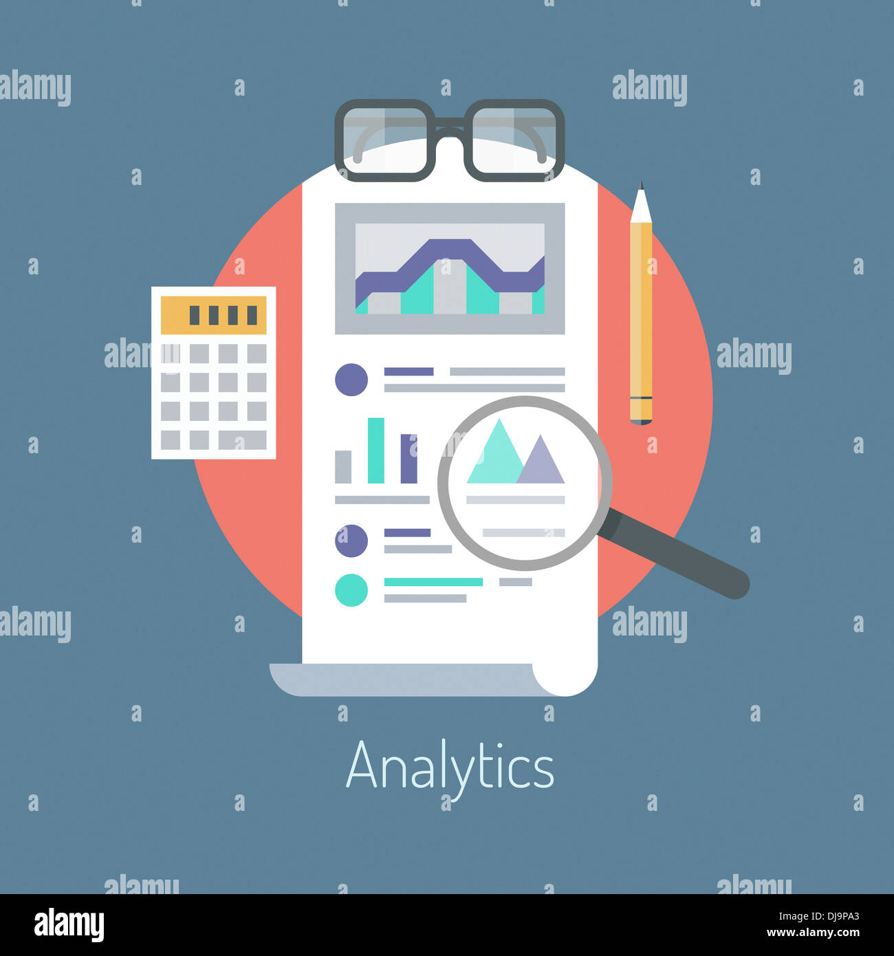Design piatto illustrazione moderno concetto di poster su analytics ricerche di informazioni e sito web statistiche sui dati Foto Stock