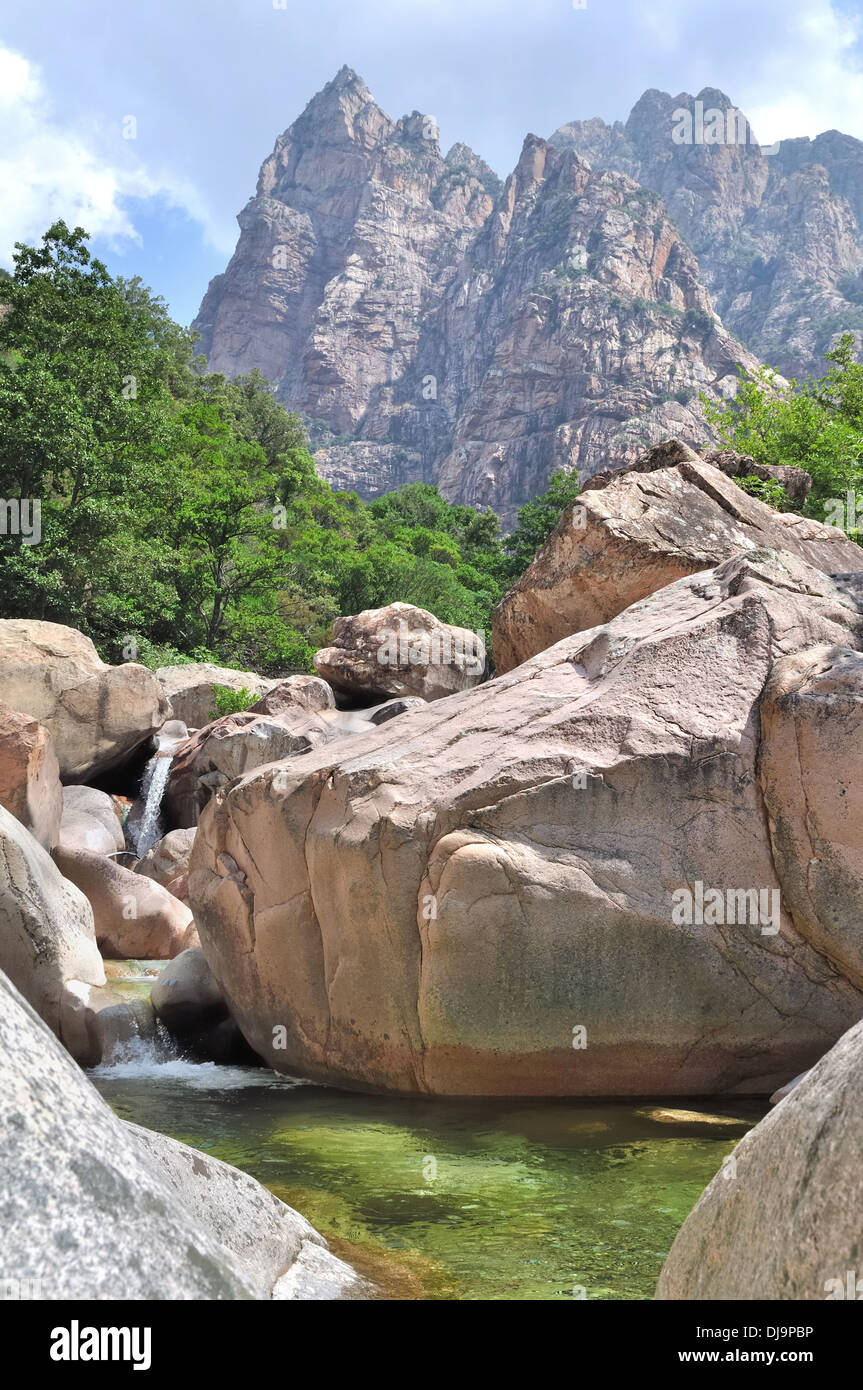 Il fiume smeraldo attraverso una valle rocciosa in montagna Foto Stock