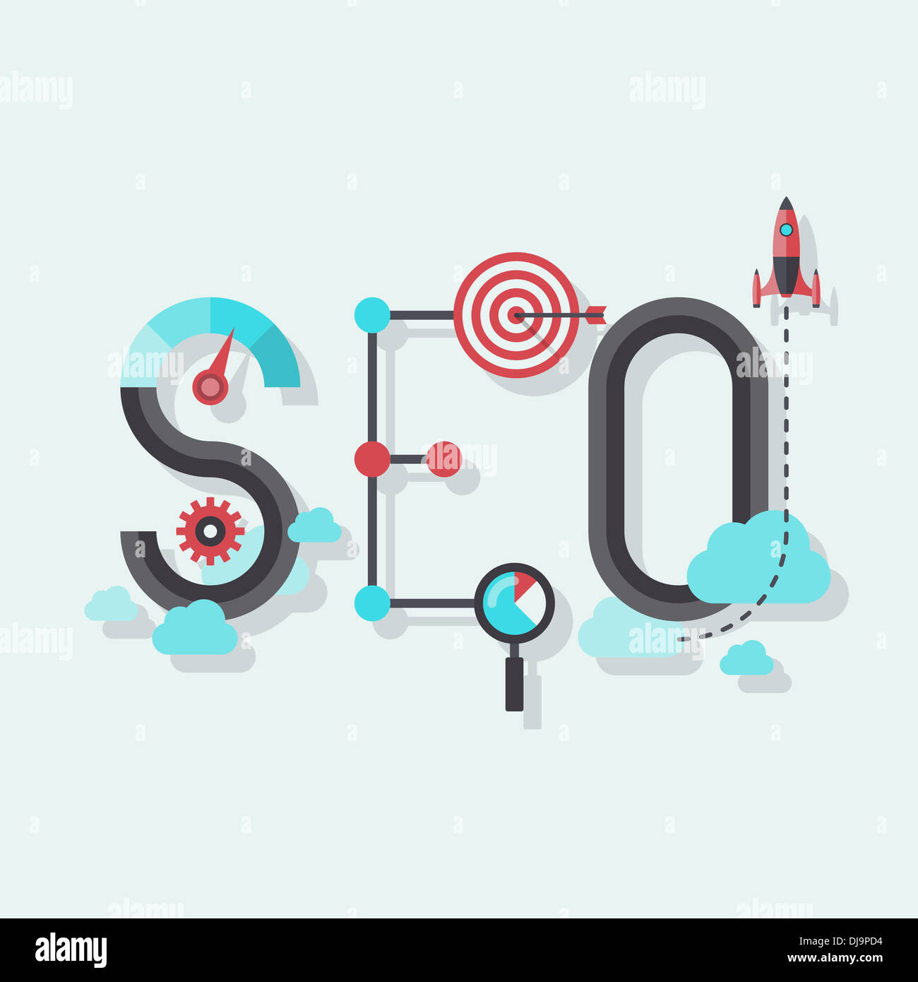 Illustrazione concetto di seo parola combinata da elementi e icone che simboleggiava il successo di ricerca internet Ottimizzazione di processo Foto Stock