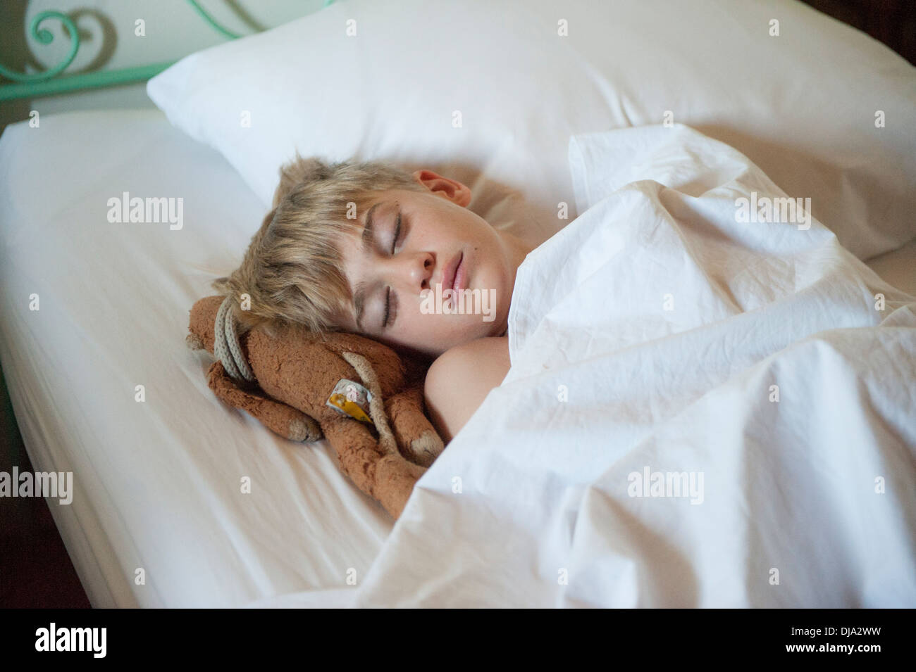 Un bambino dorme e coccole un giocattolo morbido Foto Stock