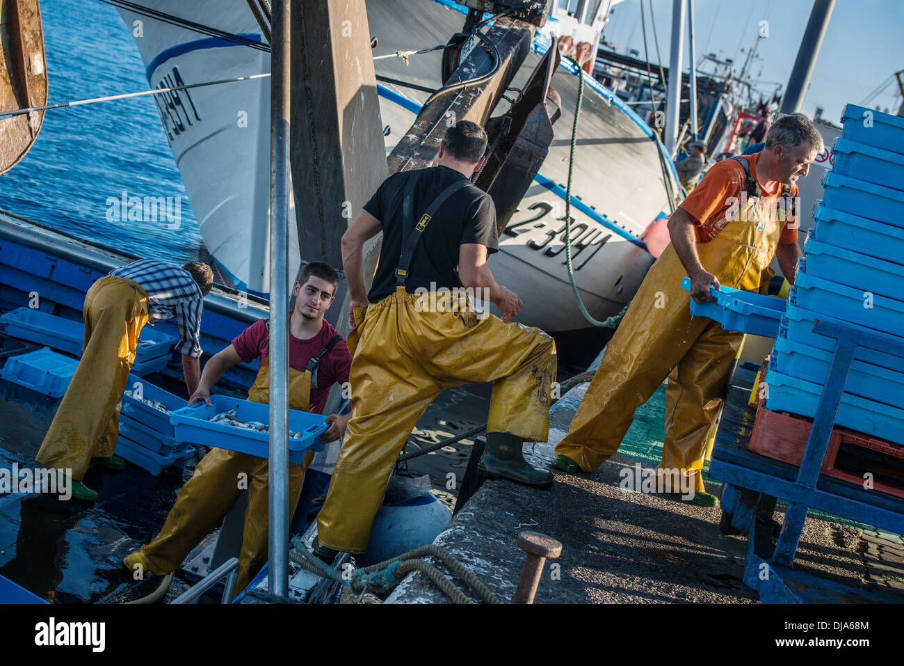 Fisherman imballaggio le loro catture per il mercato, Palamos, Spagna Foto Stock