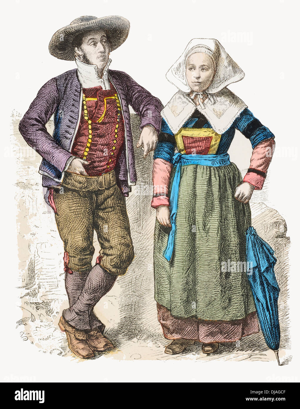 Xix secolo XIX Francia costumi tradizionali della Bretagna Foto Stock
