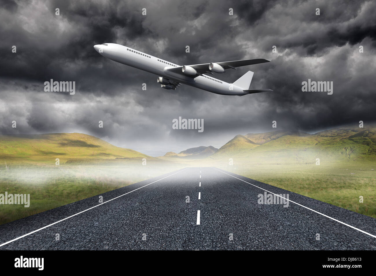 3D aereo decollare su strada Foto Stock