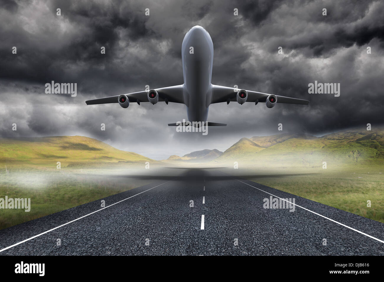 3D aereo decollare su strada Foto Stock