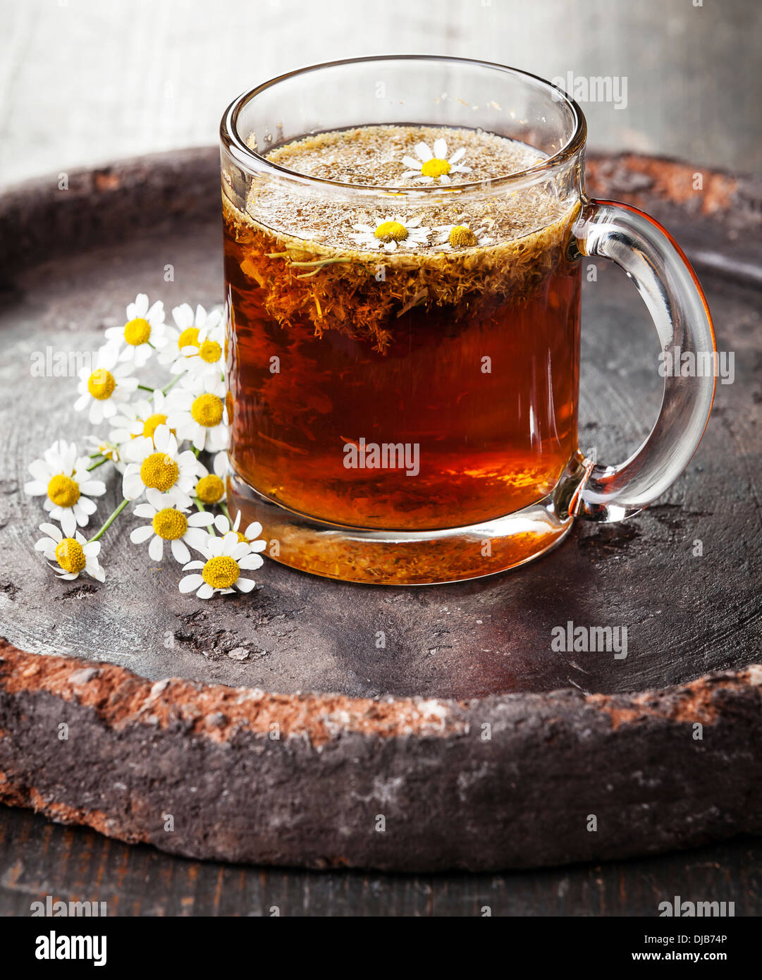 La camomilla tè con i fiori di camomilla su sfondo scuro Foto Stock