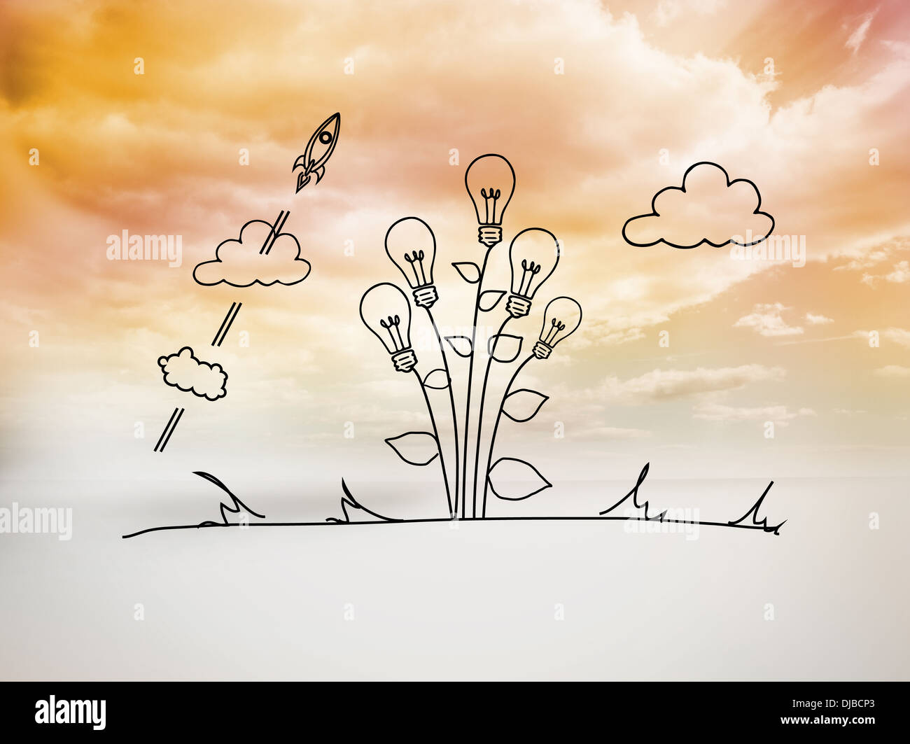La lampadina della luce di grafica di fiori nel cielo luminoso Foto Stock