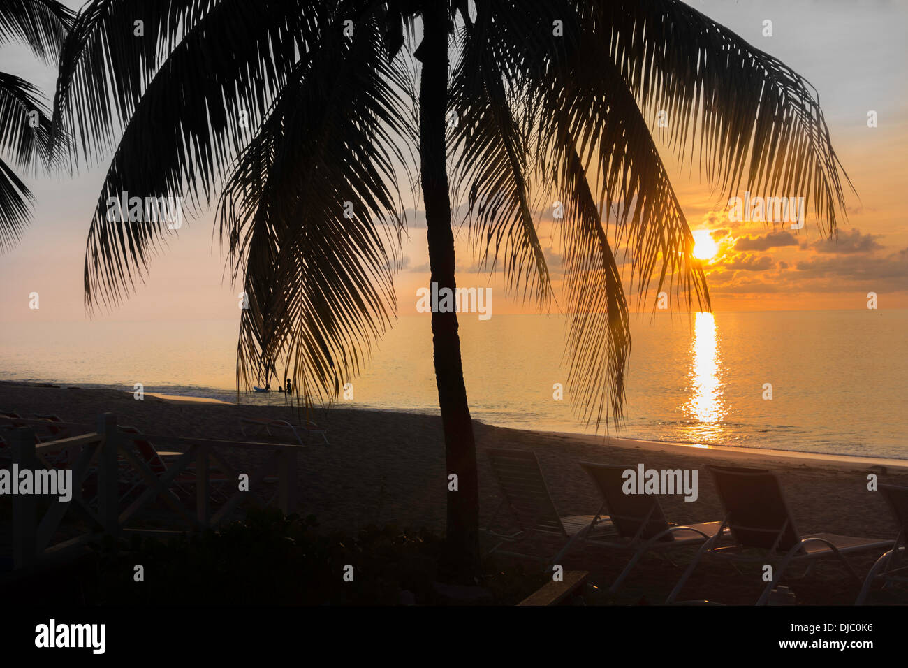 Il sole tramonta attraverso un albero di palme sulla spiaggia di castelli di sabbia e sul mare dei Caraibi. off St. Croix, Isole Vergini americane. Foto Stock