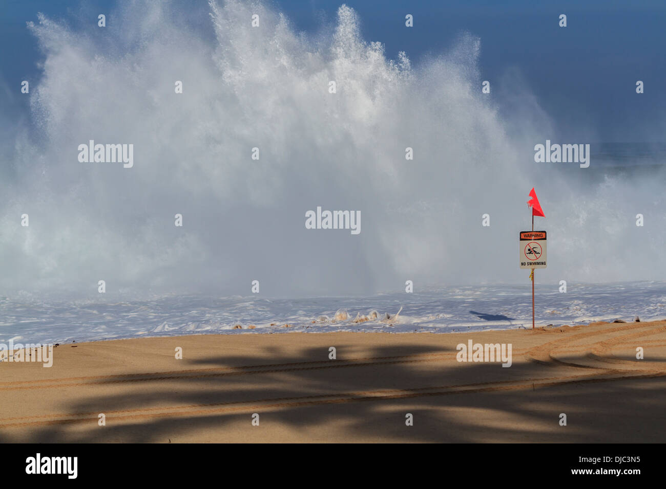 Grande Oceano splash wave con segnale di avvertimento Foto Stock