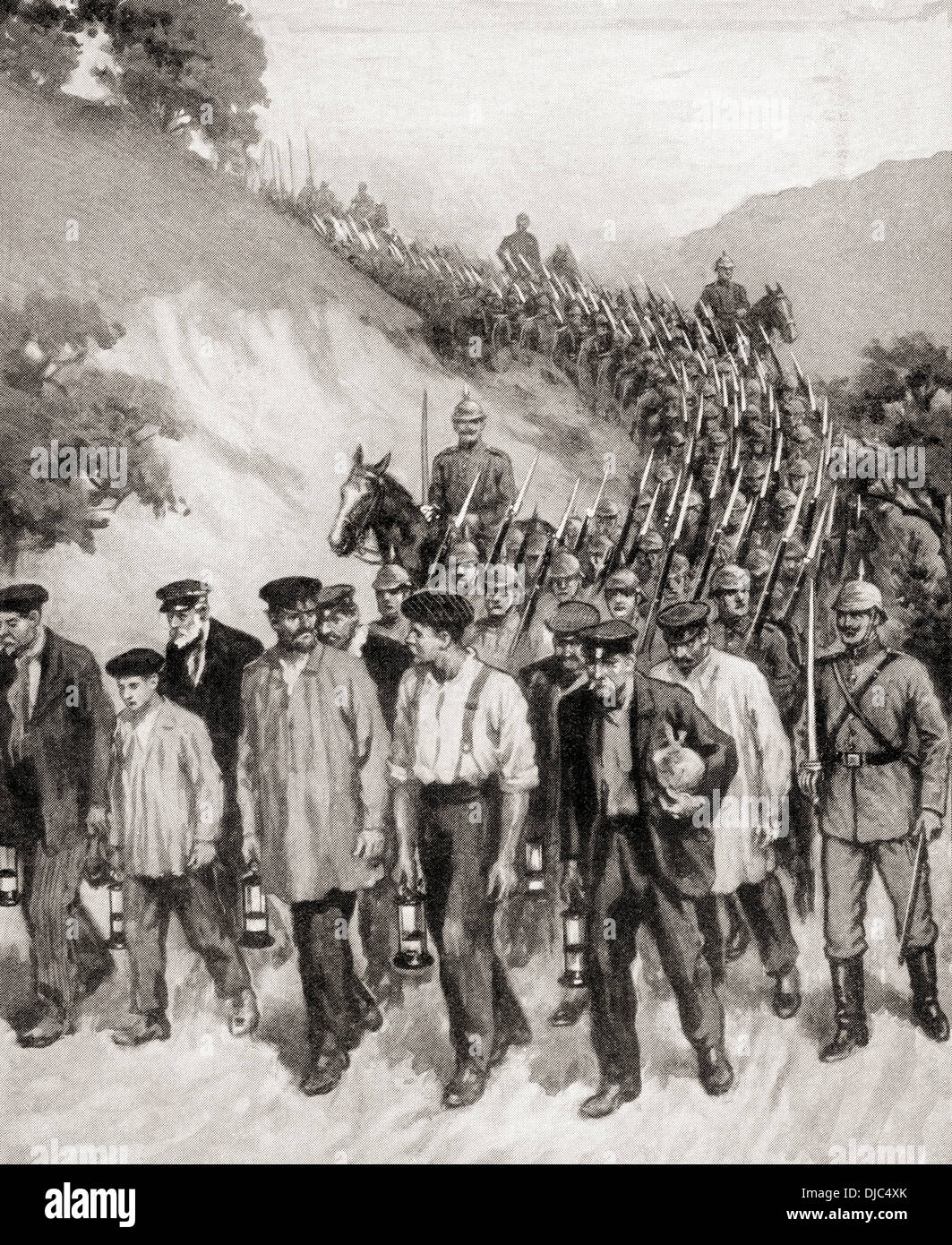 Minatori belga catturato dai tedeschi nei pressi di Charleroi, Belgio durante la prima guerra mondiale. Foto Stock