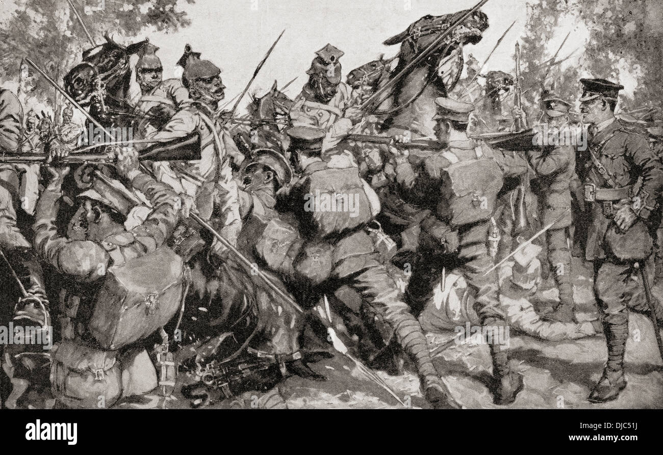 Irlandese guardie battere nuovamente un tedesco carica di cavalleria con baionette, durante la prima guerra mondiale. Dalla Guerra di un album illustrato Deluxe, pubblicato 1915. Foto Stock