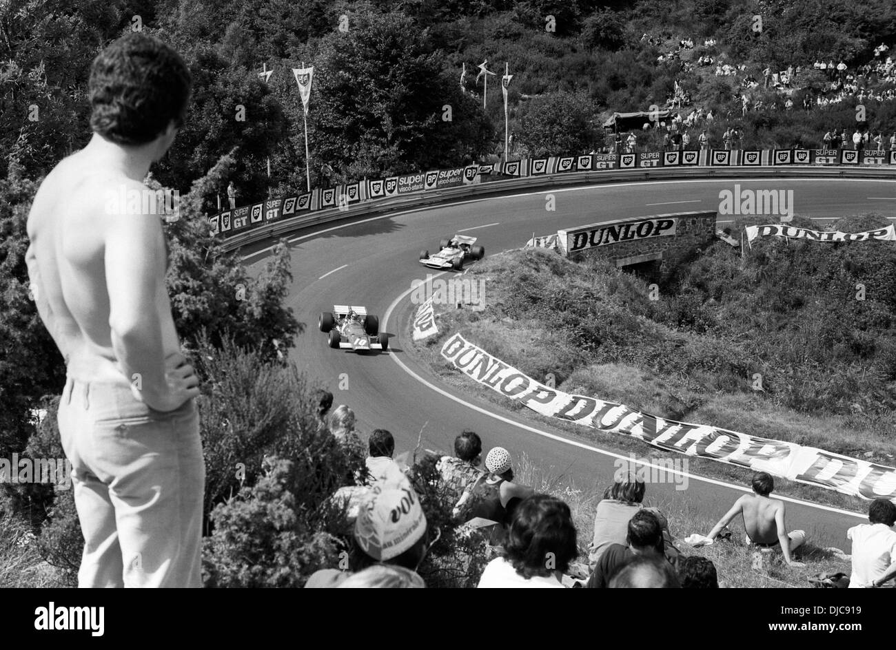 Le auto di Formula 1 racing a Clermont-Ferrand nel GP di Francia Francia il 5 luglio 1970. Foto Stock