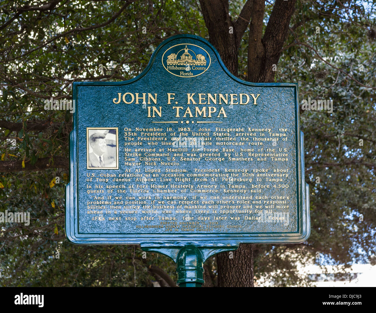 Lapide commemorativa del JFK Visita a Tampa il 18 novembre 1963, Lykes Gaslight Park, est Viale Kennedy, Tampa, Florida, Stati Uniti d'America Foto Stock