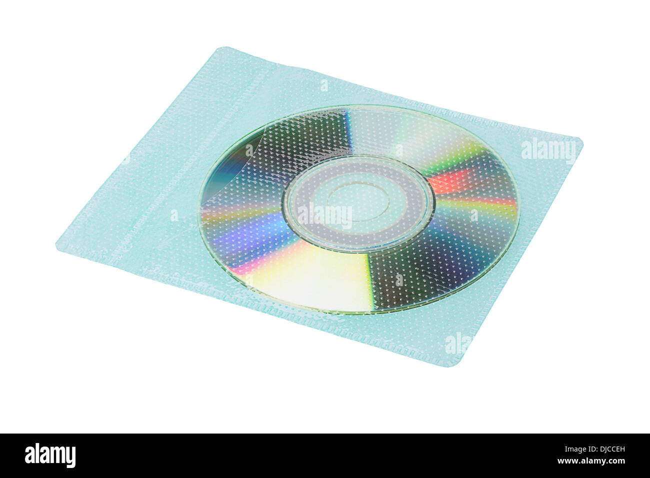 CD nella tasca di plastica su sfondo bianco Foto Stock