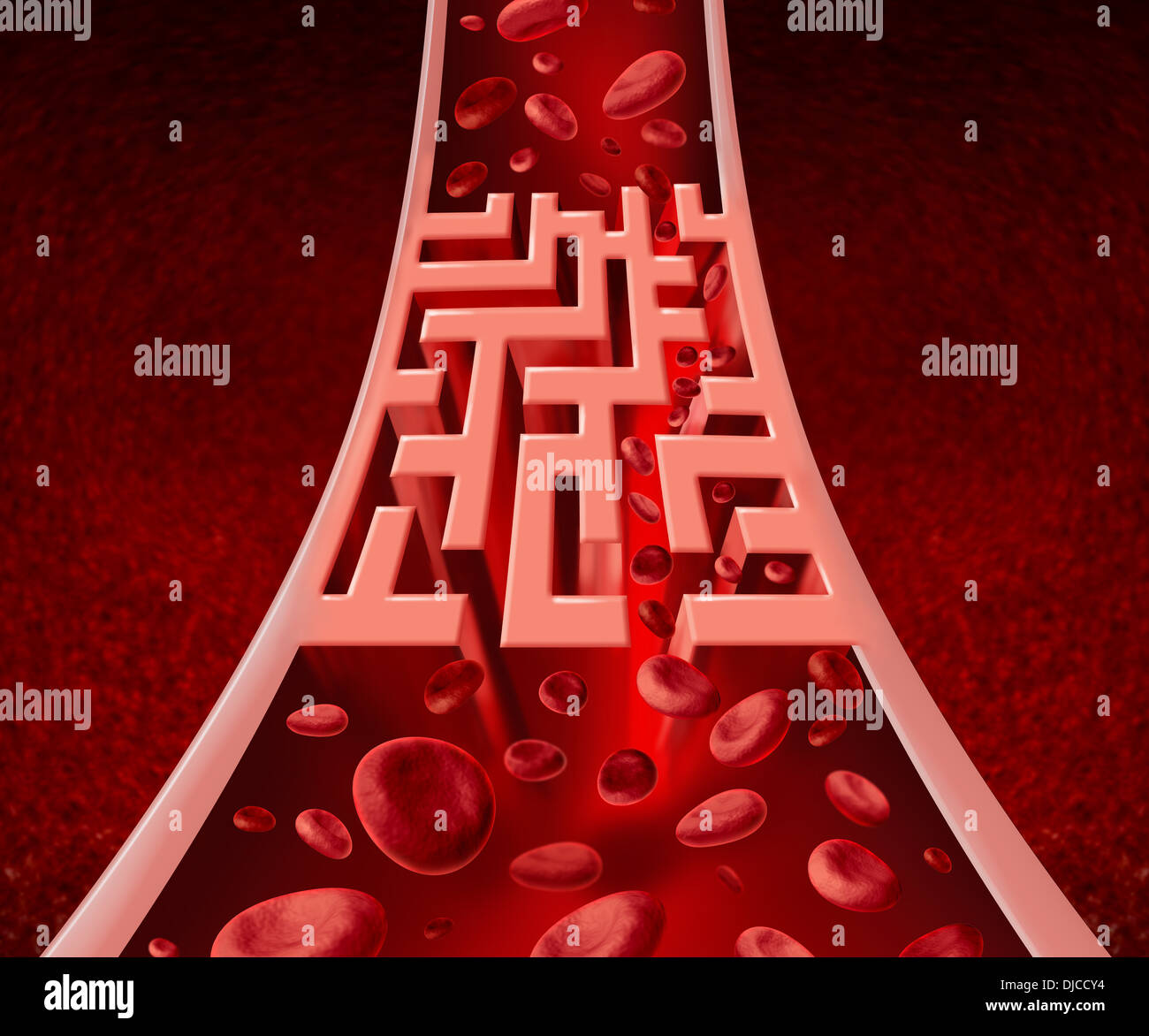 Il sangue circultation problemi e arterie ostruite health care concetto con una arteria umana che ha un blocco sagomato come un labirinto o labirinto come una metafora per il medico di sfide ofpoor di cellule del sangue e il flusso circolatorio malattia. Foto Stock