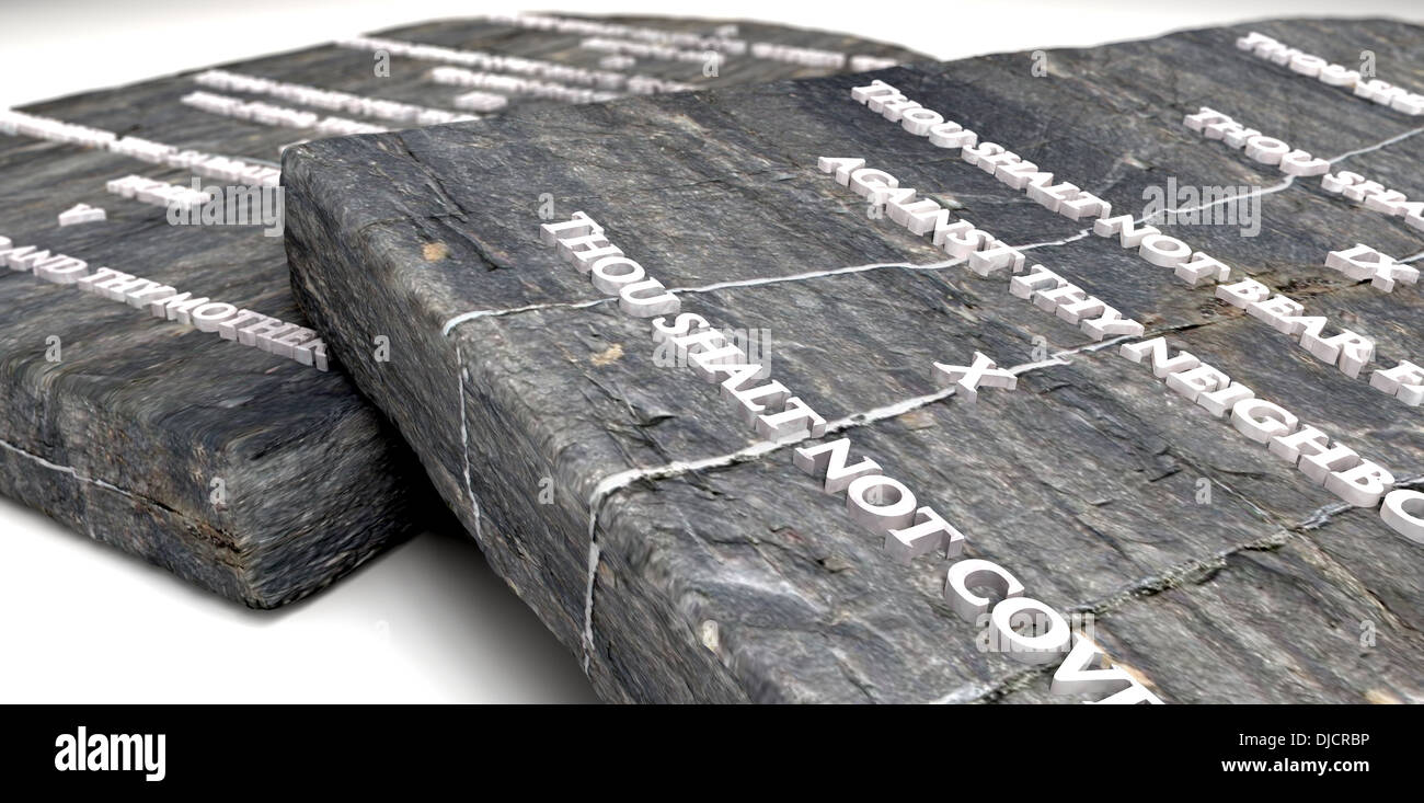 Due tavolette di pietra con i dieci comandamenti incisi su di loro su un sfondo isolato Foto Stock