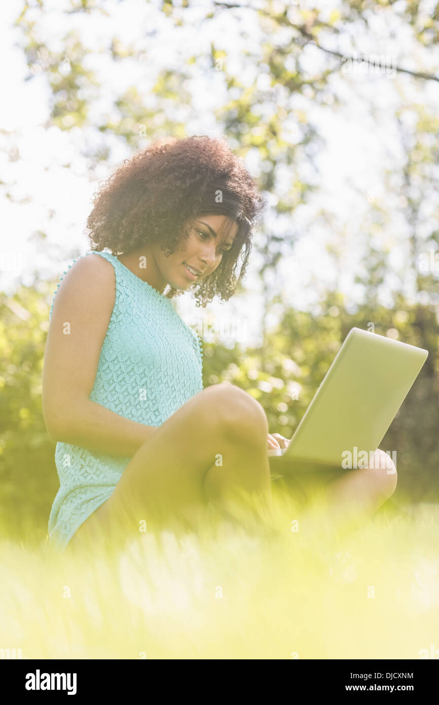 Felice Gorgeous Brunette seduta zampe trasversale sull'erba utilizzando laptop Foto Stock