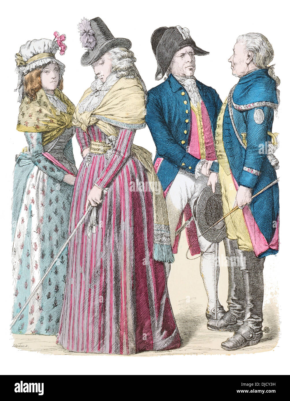 Fine XVIII secolo XVIII 1793 Germania da sinistra a destra di due colleghe,campo sassone Postmaster e un cocchiere Foto Stock