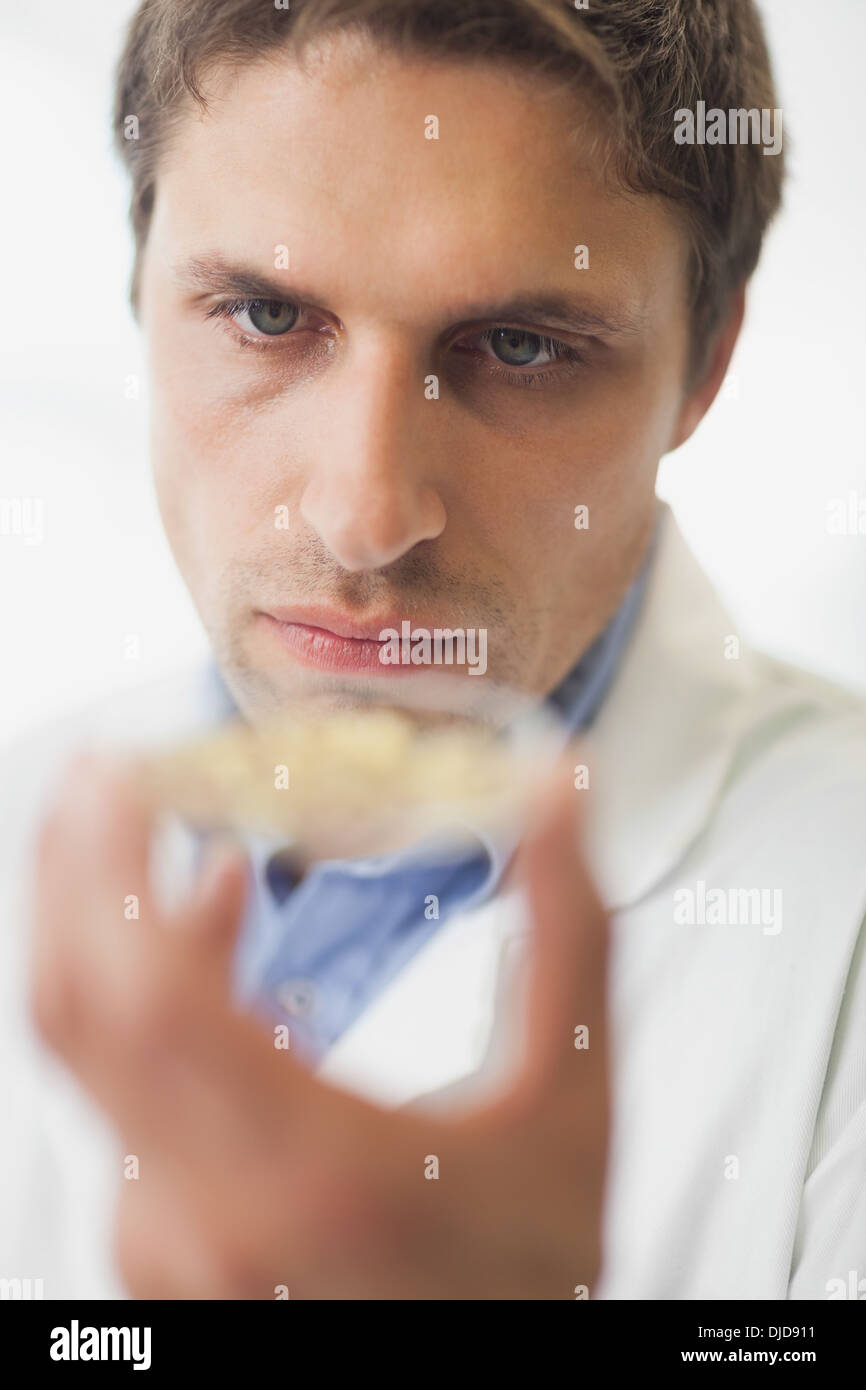 Scienziato maschio presentando una capsula di petri Foto Stock