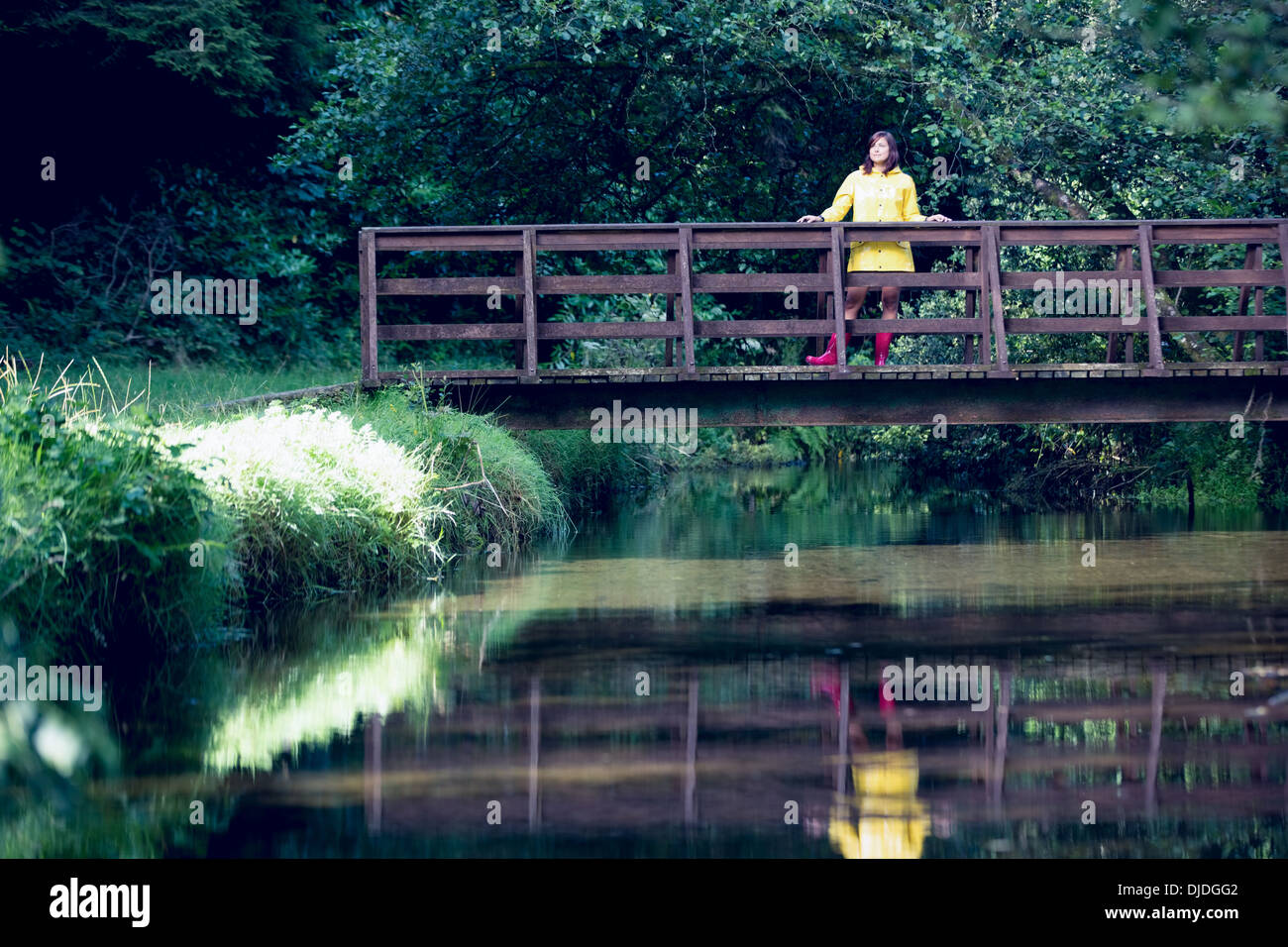 Donna sulla passerella sul lago di foresta nel mezzo di fogliame Foto Stock