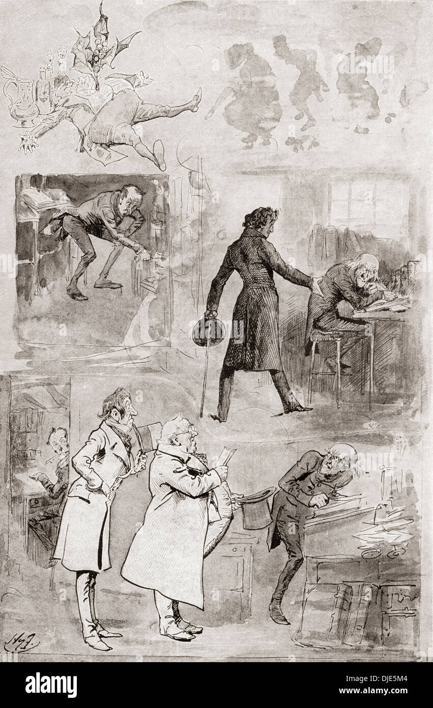 Scrooge oggetti per Natale. Illustrazione di Harry Furniss per la novella un canto di Natale da Charles Dickens. Foto Stock