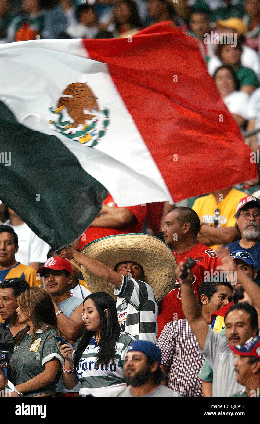 Jun 19, 2004; San Antonio, TX, Stati Uniti d'America; una ventola sventola una bandiera Mexian amid altri desiderosi di spettatori momenti prima dell' inizio del sabato di Coppa del Mondo di match di qualificazione tra Dominica e Città del Messico a Alamo Dome. Foto Stock