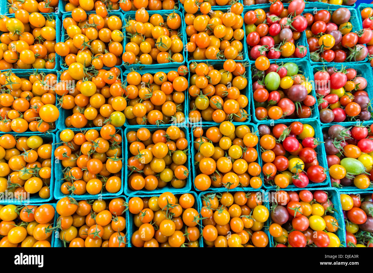 Giallo pomodori ciliegia in cesti presso il mercato degli agricoltori Foto Stock