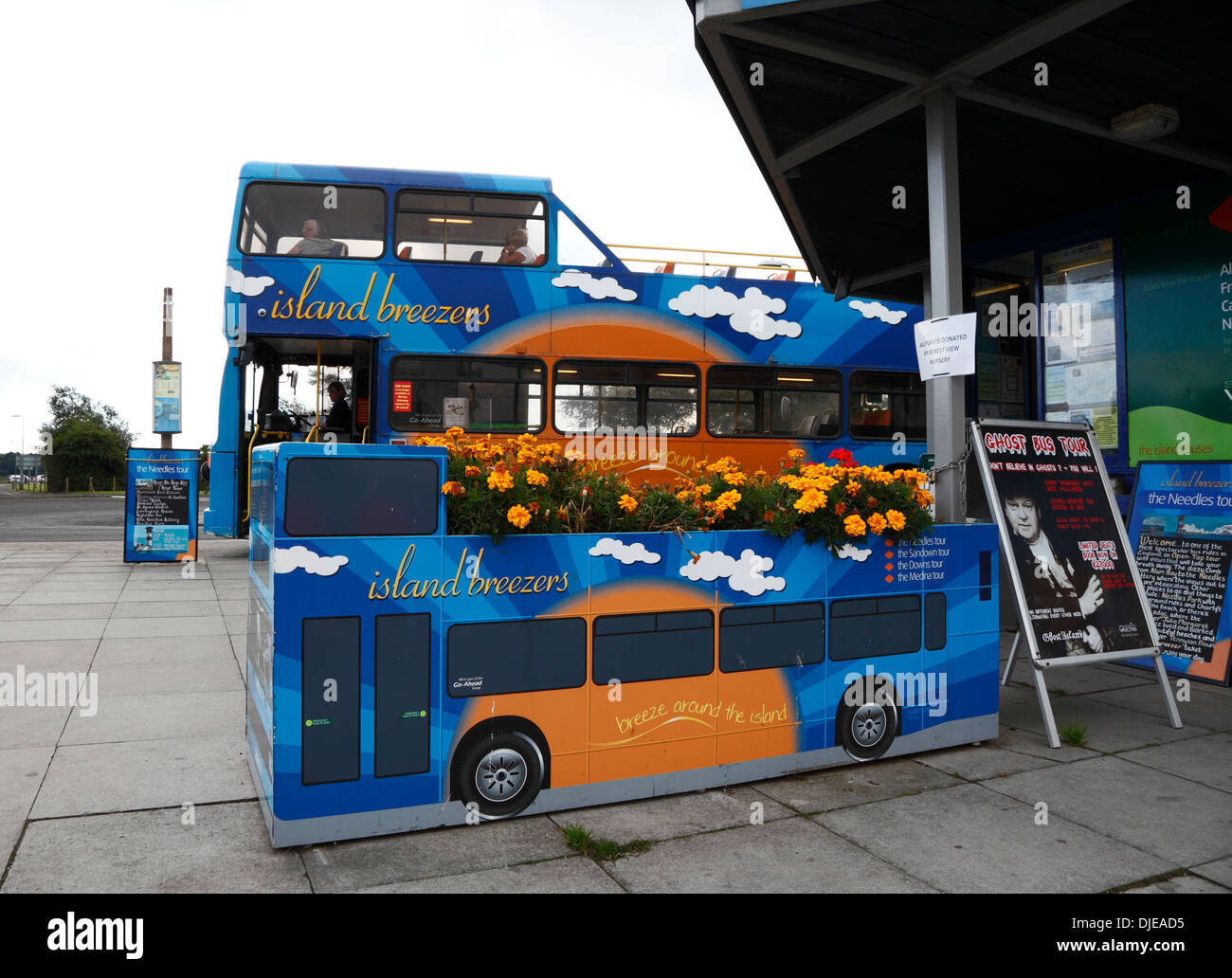 Letto di fiori in progettazione bus Yarmouth Isle of Wight Hampshire  Inghilterra Foto stock - Alamy
