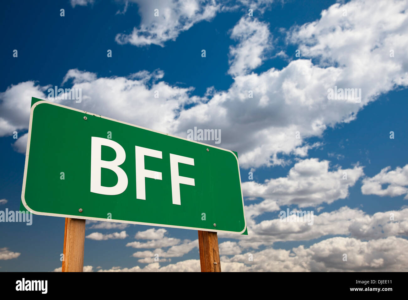 BFF, Texting Abbreviazione di Migliori amici per sempre, cartello verde con drammatica Cielo e nubi. Foto Stock