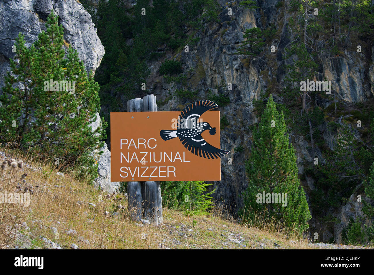 Segno indicante logo con schiaccianoci del Parco Nazionale Svizzero a Graubünden / Grisons nelle Alpi, Svizzera Foto Stock