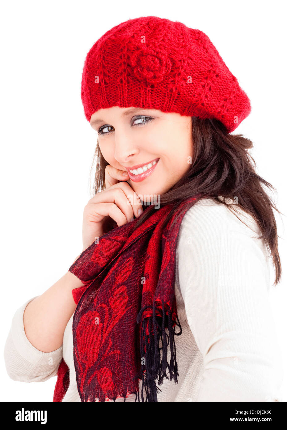Giovane donna nel cappuccio rosso e sciarpa sorridenti - Isolato su bianco Foto Stock