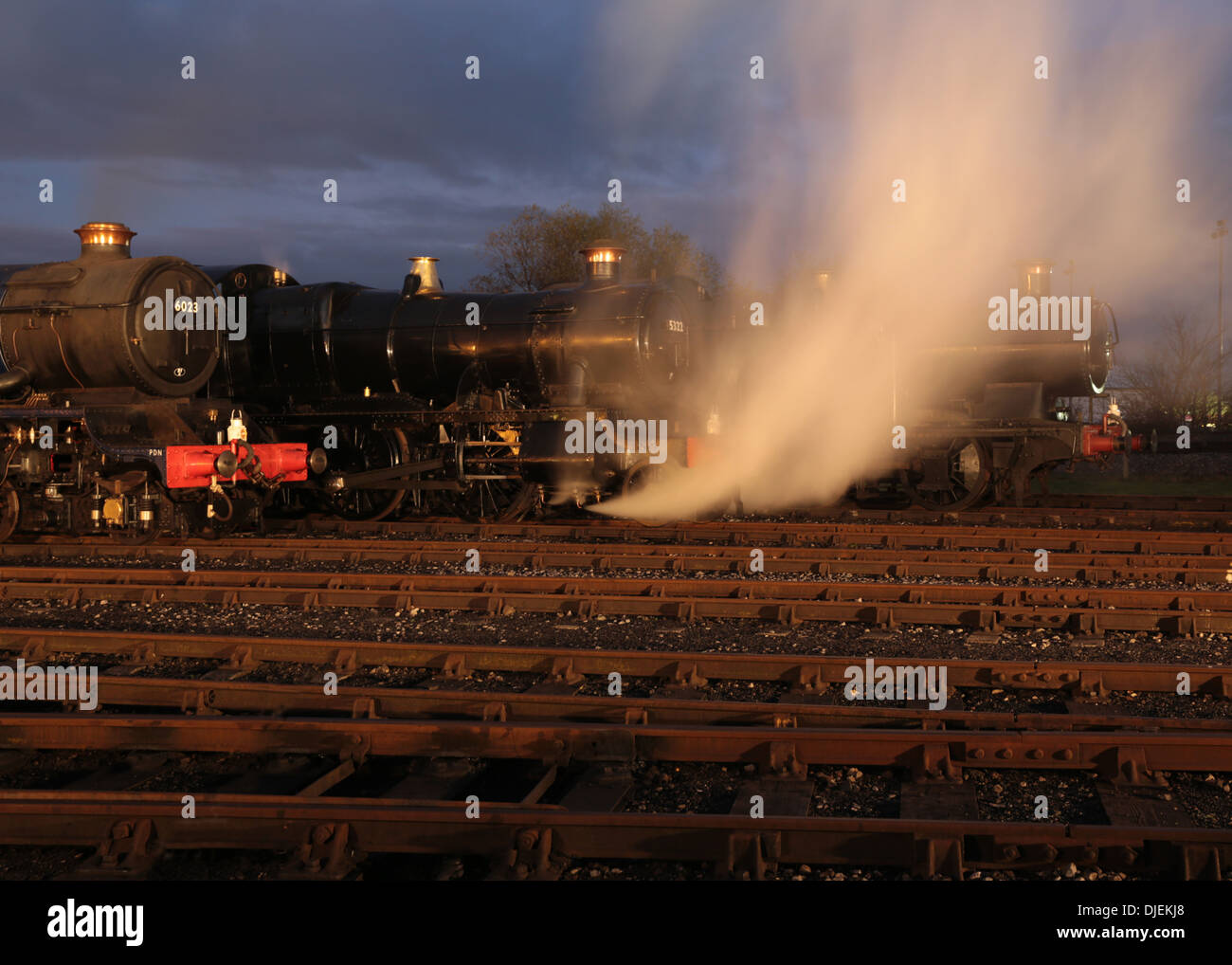 GWR conserve di locomotive a vapore 6023 'King Edward II', 43xx classe 2-6-0 5322 & Collett Classe 5600 0-6-2T 6697 su un capannone di notte Foto Stock