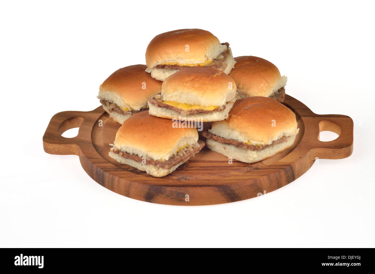 Vassoio di burger cursori con formaggio in rotoli Foto Stock