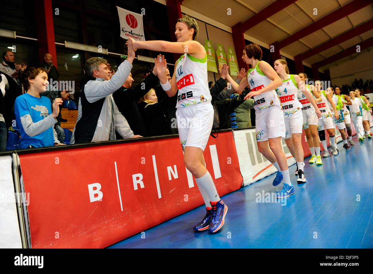 4. round di campionato Europeo basket match donne BK IMOS Brno vs Montpellier a Brno, in Repubblica ceca il 27 novembre 2013. Brno giocatori celebrazione. (CTK foto/Vaclav Salek) Foto Stock