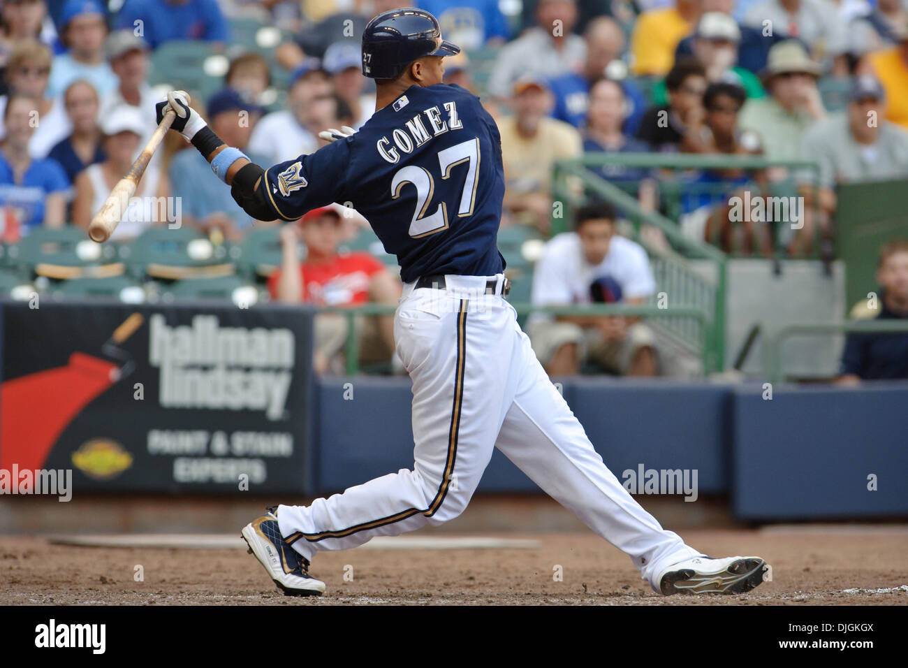 Milwaukee Brewers center fielder Carlos Gomez (27) during the game between  the Milwaukee Brewers and Chicago Cubs at Miller Park in Milwaukee,  Wisconsin. The Cubs defeated the Brewers 8-1. (Credit Image: ©