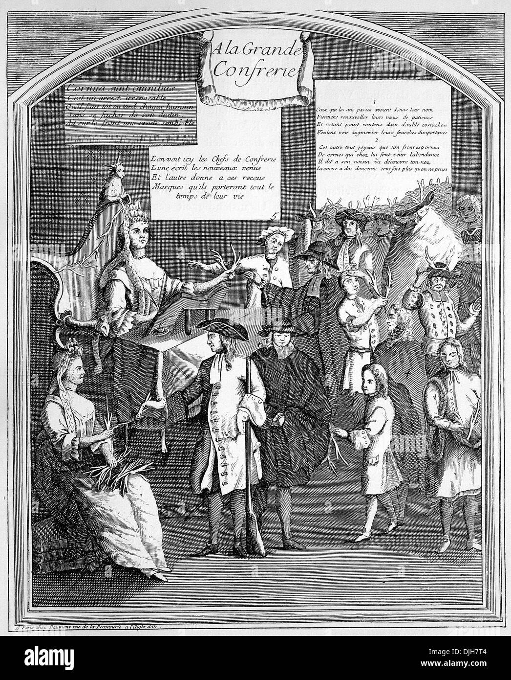 Il destino di tutti gli uomini sposati, simbolico satirico di incisione su rame, Francia, circa 1700 Foto Stock