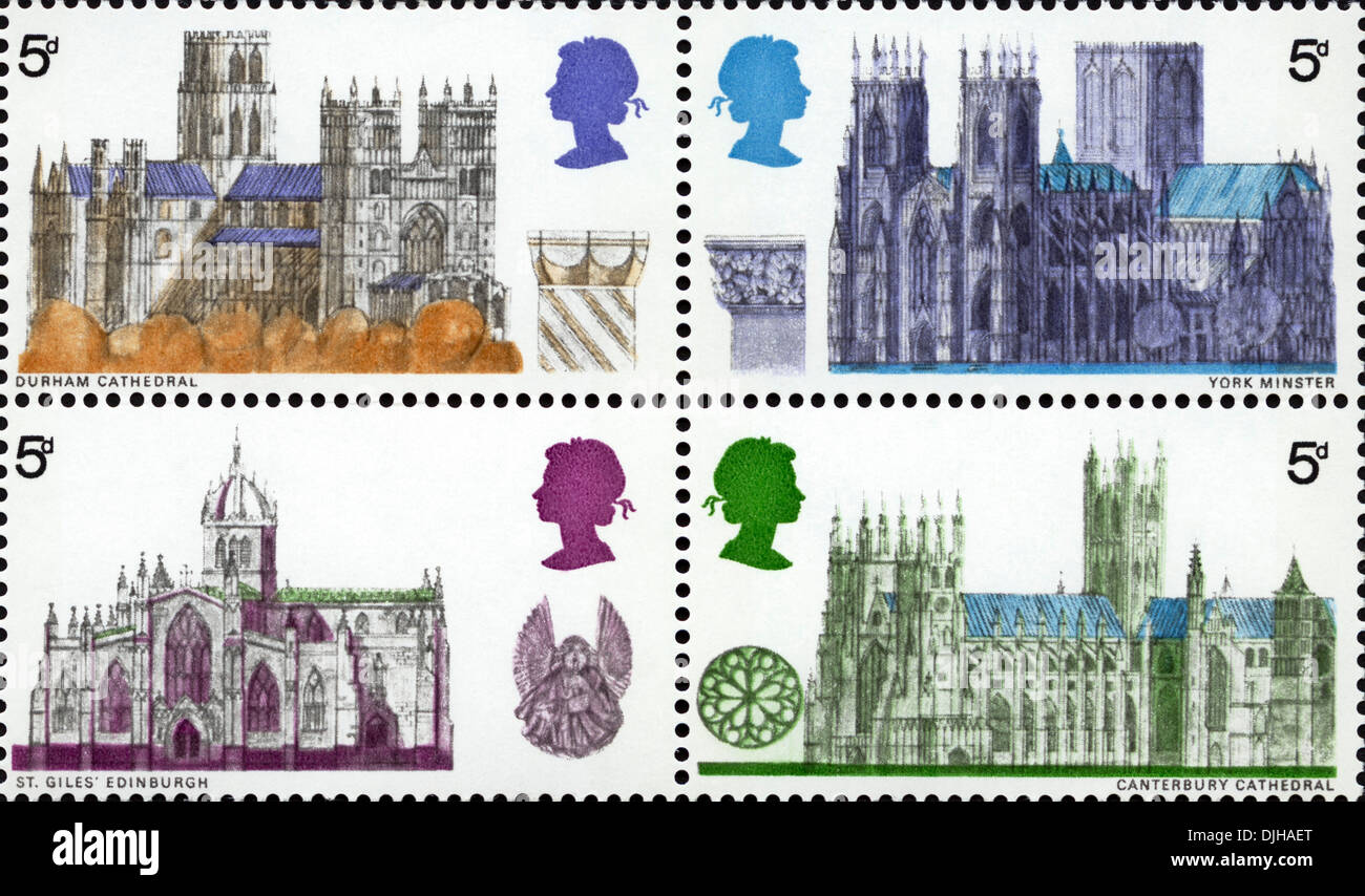 Francobollo Regno Unito 5d dotata di Durham, York Minster, St Giles Edinburgh & Canterbury cattedrali rilasciato 1969 Foto Stock
