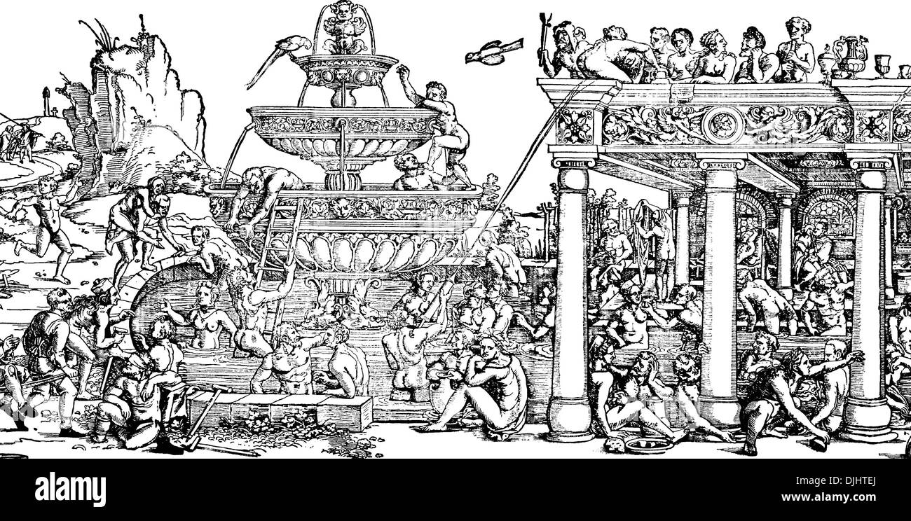 La fontana della giovinezza, la xilografia da HS Beham, XVI secolo Foto Stock