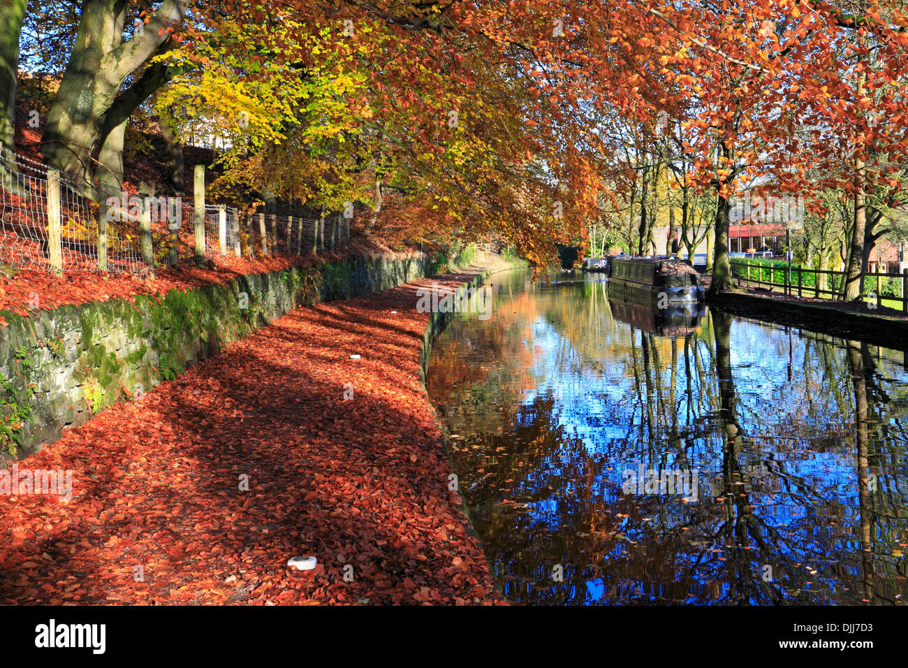 Autunno su The Huddersfield Narrow Canal, Uppermill, Saddleworth, Oldham, Greater Manchester, Lancashire, Inghilterra, Regno Unito. Foto Stock
