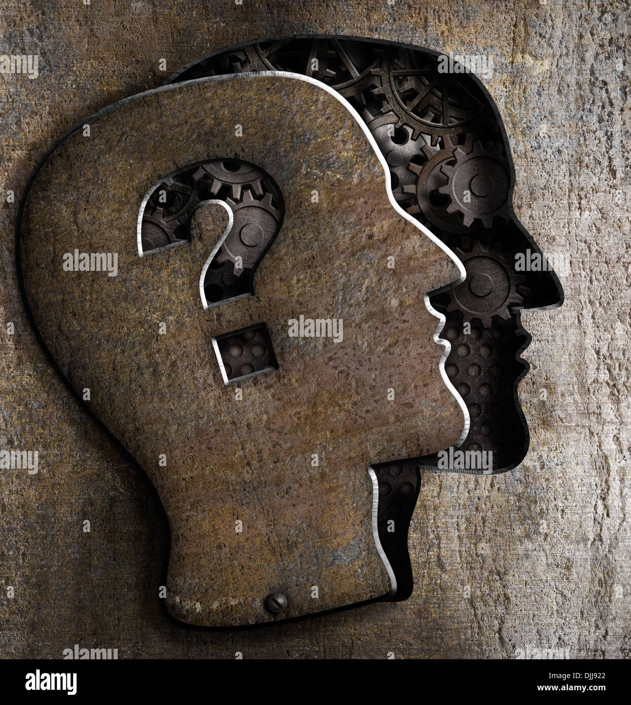 Cervello umano aperto con punto interrogativo sul coperchio di metallo Foto Stock