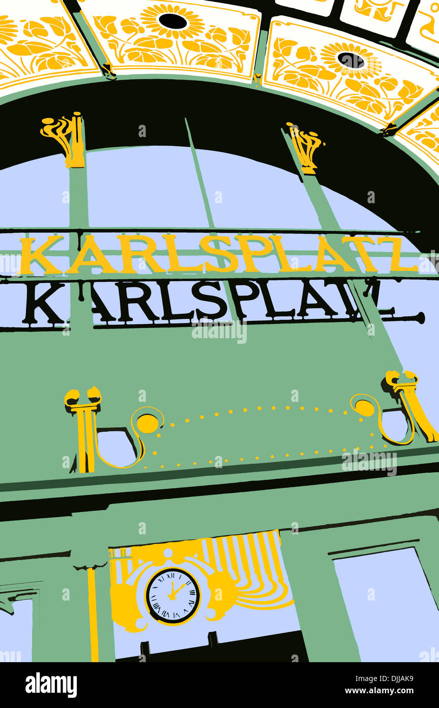 Vienna, Austria. Ingresso Jugendstil fino a Karlsplatz U-Bahn (metropolitana). Illustrazione Digitale dalla fotografia originale. Foto Stock