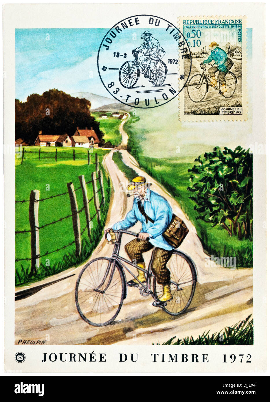 1972 cartolina francese raffigurante portalettere rurale in bicicletta - 'Journée du Timbre" (Giornata del francobollo). Foto Stock