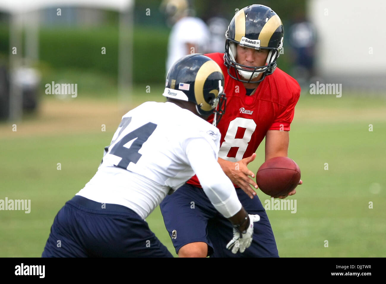 19 agosto 2010 - Earth City, Missouri, Stati Uniti d'America - Saint Louis Rams Quarterback SAM BRADFORD (#8) mani il pallone a Saint Louis Rams running back KENNETH DARBY (#34) durante la Saint Louis Rams pomeriggio training camp tenuto a Russell Training Center nella città di Massa, Missouri. Credito: Scott Kane / Southcreek globale di credito (Immagine: © Scott Kane/Southcreek Global Foto Stock